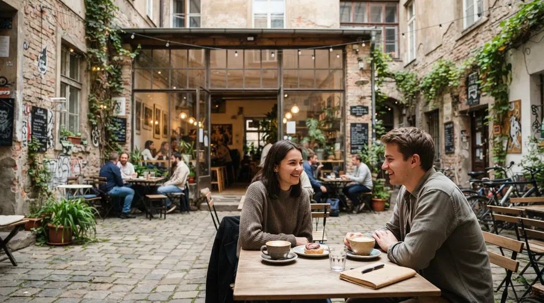 Kavárna co hledá jméno’s courtyard on Stroupežnického, bright café windows, gallery walls and a quiet table scene away from Anděl traffic