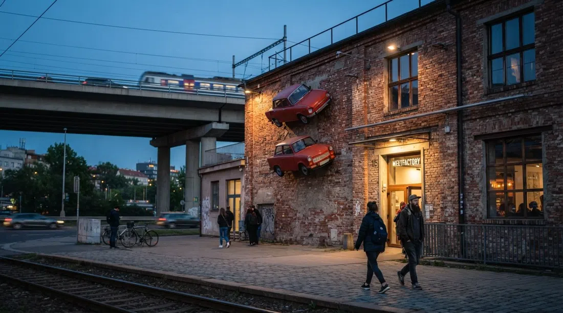 MeetFactory’s facade with the two red cars bolted to the wall, framed by the flyover and railway tracks at dusk