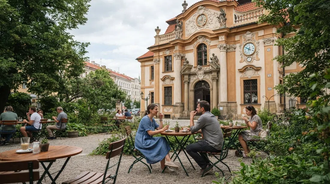 Portheimka Glass Museum in the Dientzenhofer villa on Štefánikova, baroque facade with a quiet summer garden and café seating in soft daylight