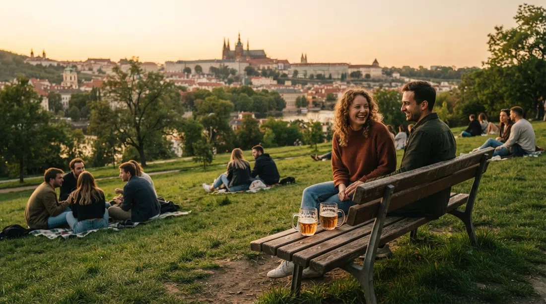 Riegrovy sady at golden hour, benches on the grassy slope facing Prague Castle on the horizon, beer glasses catching the last light
