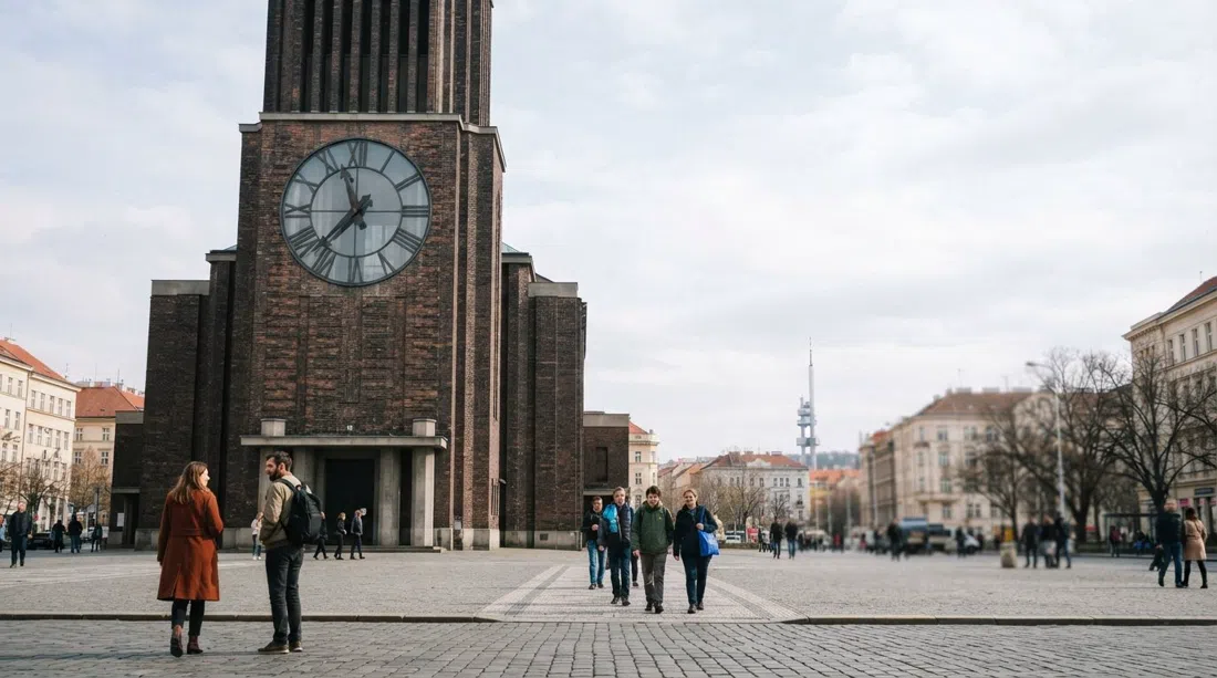 the Church of the Most Sacred Heart of Our Lord on náměstí Jiřího z Poděbrad, dark brick facade and giant glass clock face under a pale Prague sky