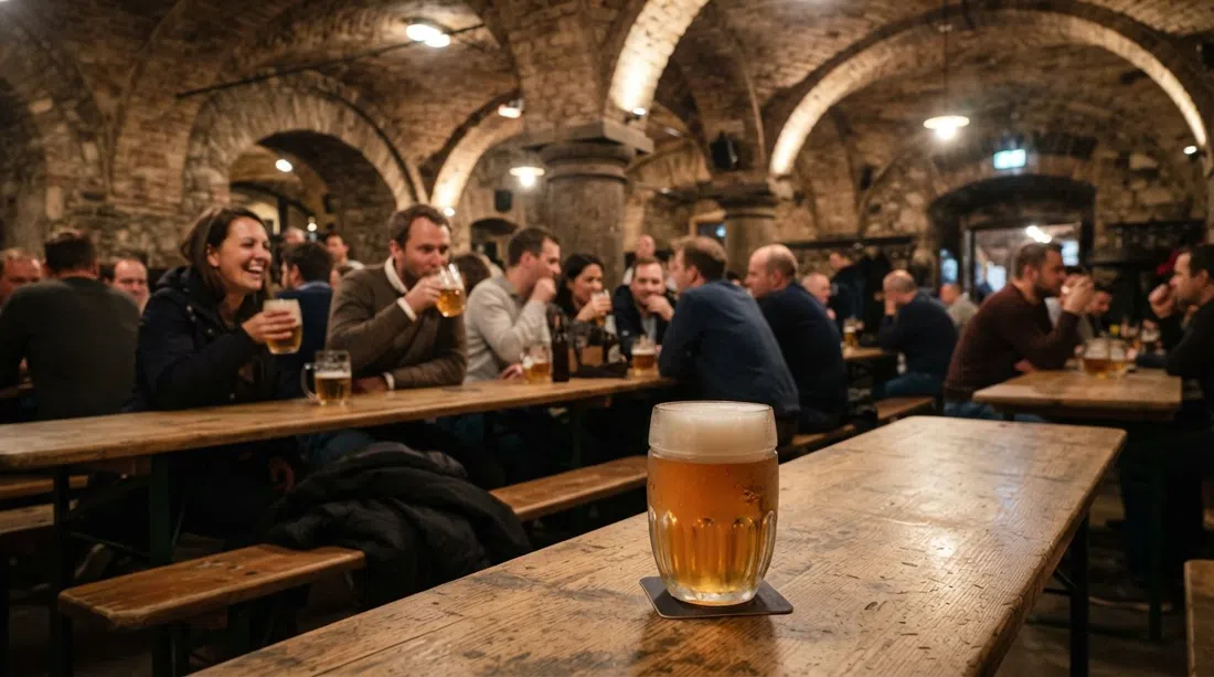 the vaulted cellar interior of Vinohradský Pivovar, rows of wooden tables and a pint of unpasteurised lager under warm low light