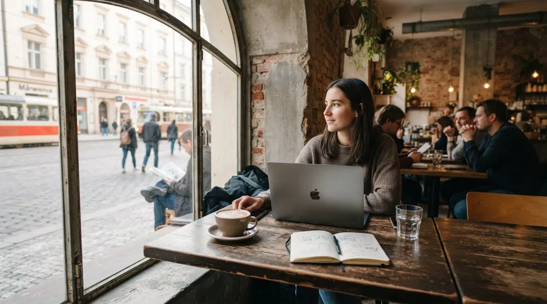 a small table at Kavárna co hledá jméno on Mánesova, a flat white beside a laptop and daylight spilling through the window