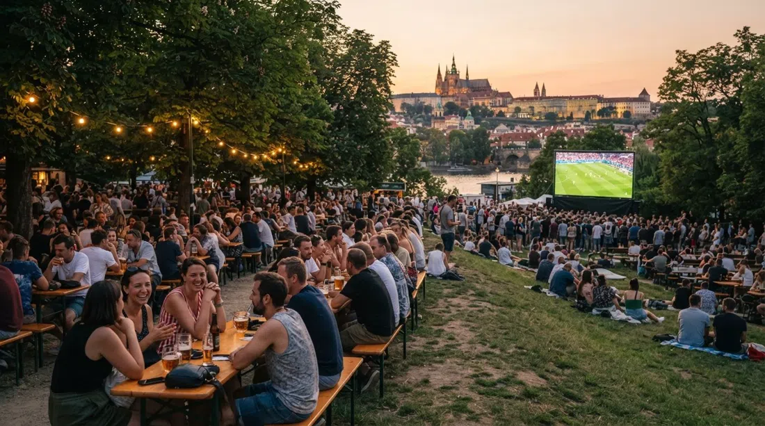 the Riegrovy sady beer garden in summer, long benches under trees, football on a big screen and a castle-view sunset slope