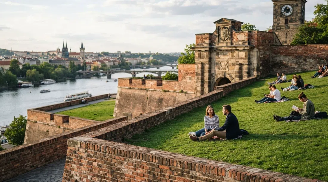 Vyšehrad fortress lawns and baroque brick ramparts at late-afternoon light, with the Vltava below and a few people sitting on the grass