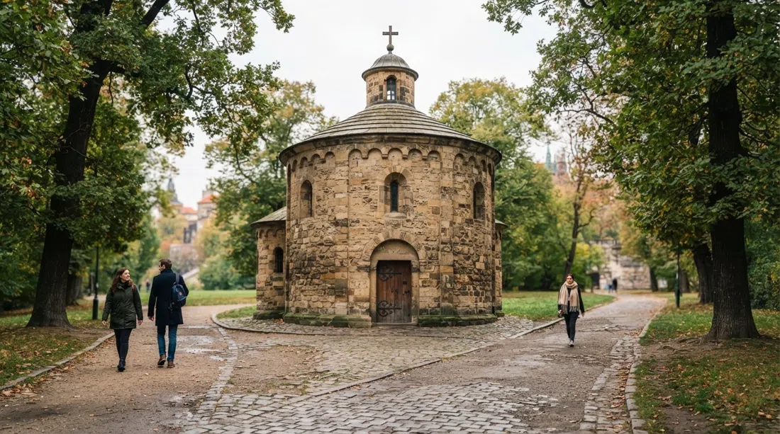 the Rotunda of St Martin, a small Romanesque round chapel on the path, with rough stone walls and trees around it in soft daylight