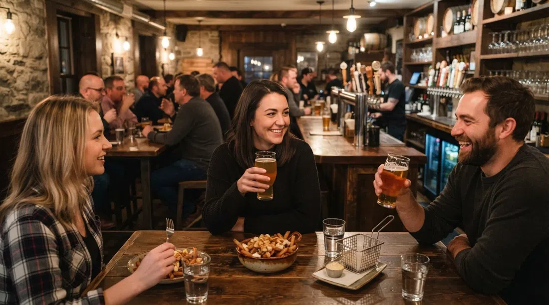 the taproom at La Souche on Chemin de la Canardière, rows of house beers and hearty pub plates in a warm tavern interior