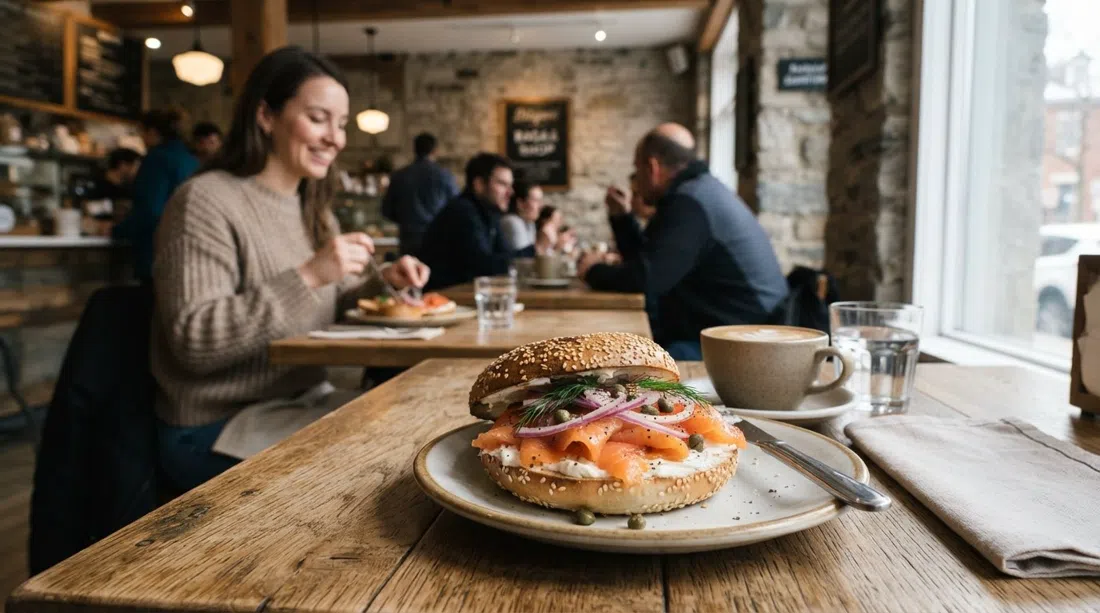 a wood-fired bagel with house-cured gravlax at Bügel, photographed close-up on a wooden table