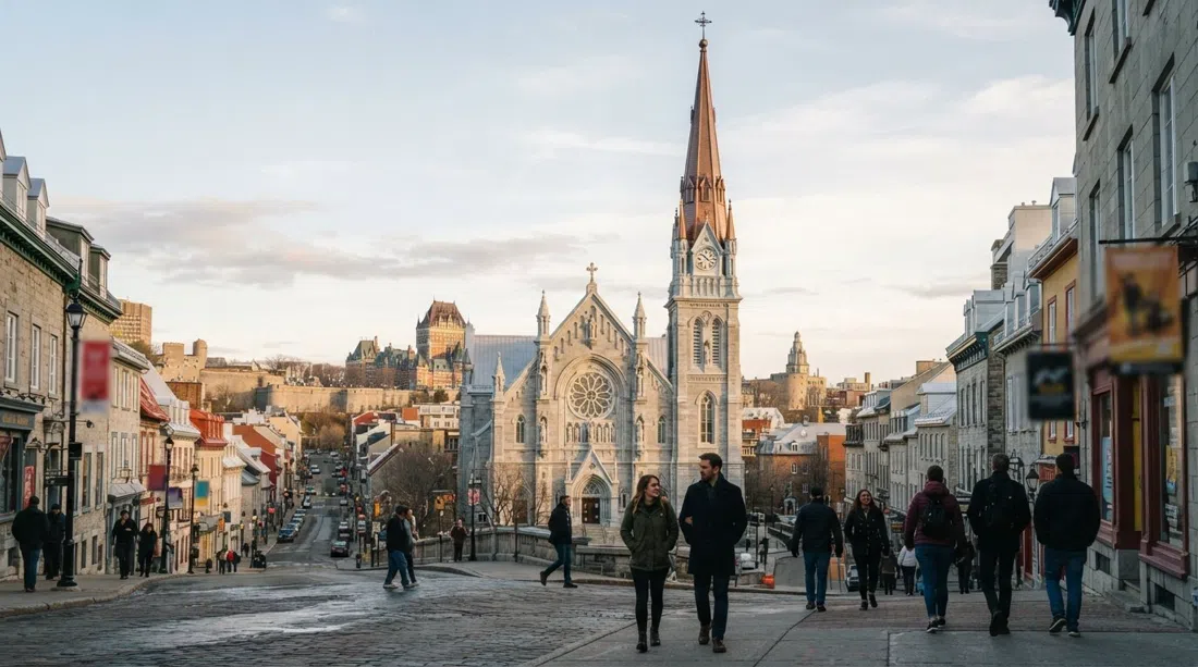 the marble facade and tall spire of Église Saint-Jean-Baptiste rising above Rue Saint-Jean at late afternoon, with the steep neighbourhood roofs below