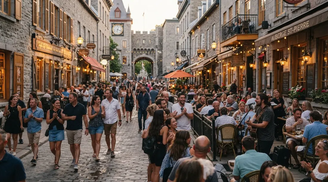Rue Saint-Jean during the summer pedestrian zone, with terraces, buskers and evening light filling the closed street