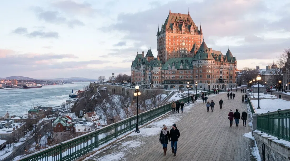 the Château Frontenac rising above the cliff at dawn, green-copper roof glowing over the Dufferin Terrace and St. Lawrence River