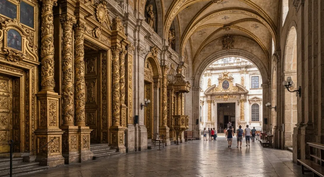 the gilded baroque interior of Mosteiro de São Bento, with gold carving catching soft daylight beneath the monastery’s shadowed arches