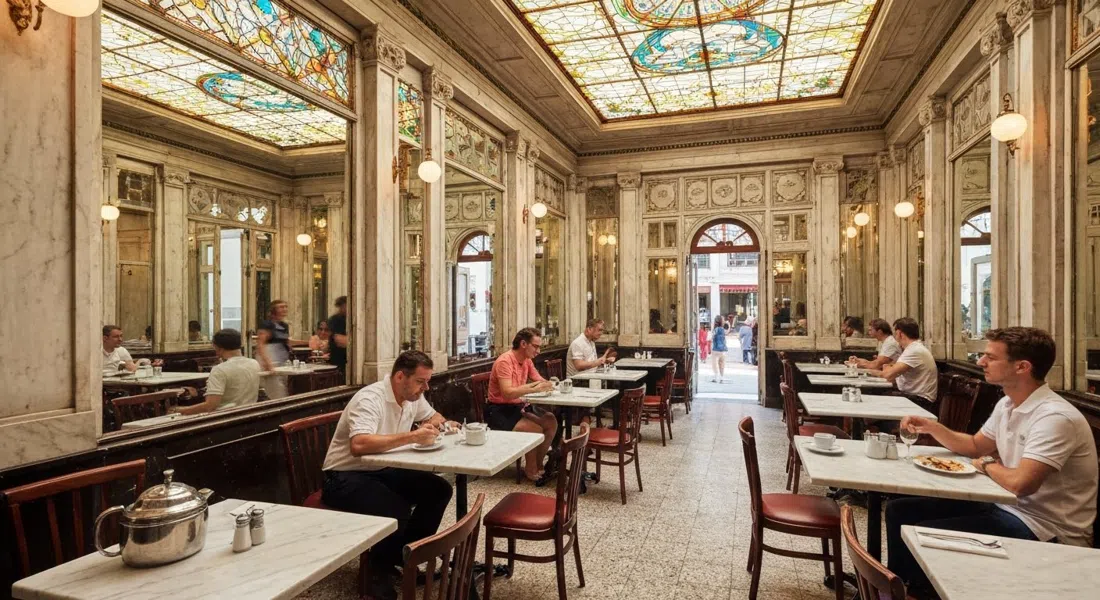 the marble-and-jacaranda dining room of Confeitaria Colombo, with mirrored walls, stained-glass skylight and coffee service at mid-morning