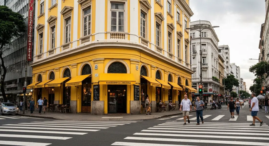 the yellow corner terrace of Amarelinho da Cinelândia under the Theatro Municipal, with cold chopp and pedestrians crossing Praça Floriano at late afternoon