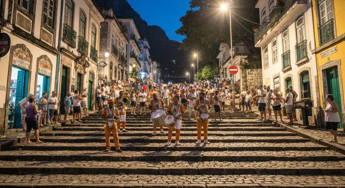the cobblestone steps of Pedra do Sal in Little Africa, with samba musicians and a standing crowd gathered under night light