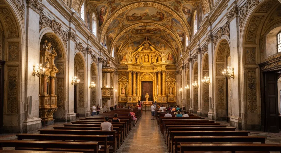 the ornate gilded interior of Igreja de São Francisco da Penitência, with the painted ceiling glowing above the nave