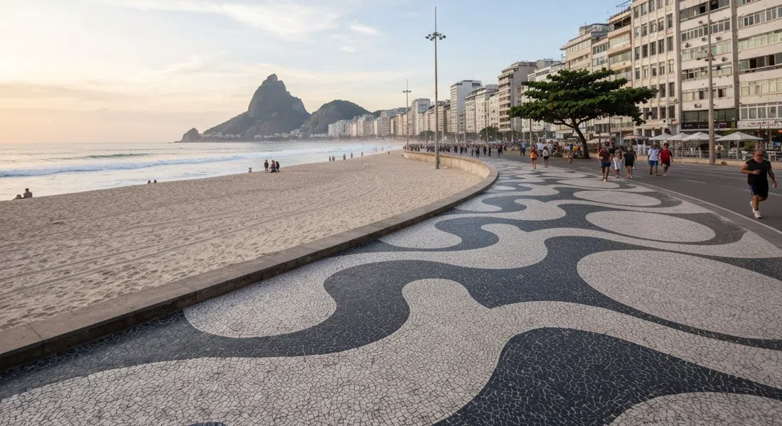 the Copacabana beach promenade’s black-and-white wave mosaic curving along the sand at late afternoon, with walkers, joggers and the Atlantic surf beyond