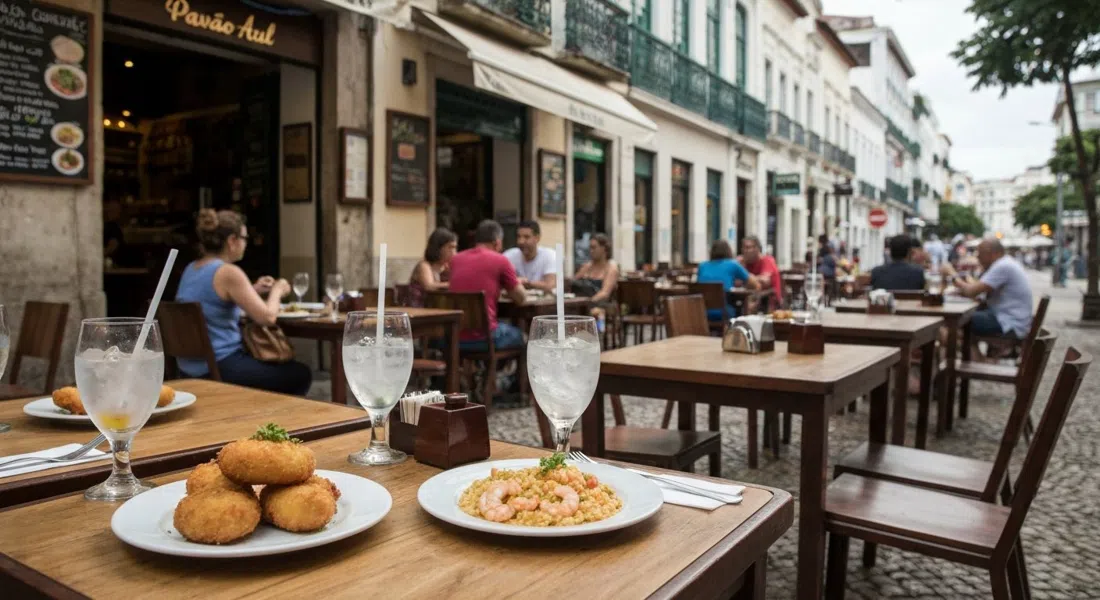 Pavão Azul on Rua Hilário de Gouveia with its corner tables full, cold chopp glasses and plates of cod fritters and shrimp risotto in warm daylight