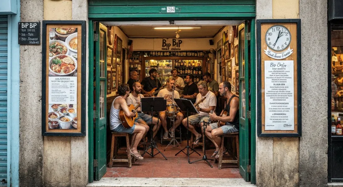the tiny interior of Bip Bip on Rua Almirante Gonçalves, musicians packed into a narrow room playing acoustic samba while bottles sit on the honour-system fridge