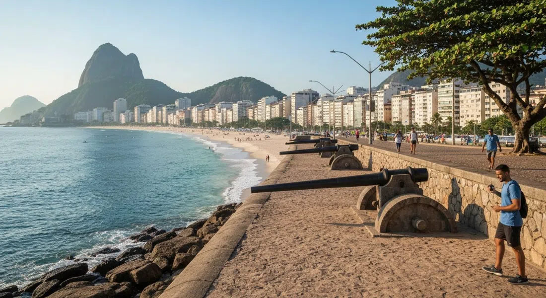 the ramparts and old coastal guns at Forte de Copacabana overlooking the full curve of the beach under clear morning light