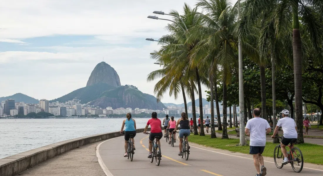 Sunday morning cyclists and joggers on the Aterro do Flamengo waterfront path, Sugarloaf visible across Guanabara Bay and Burle Marx palm groves in the foreground