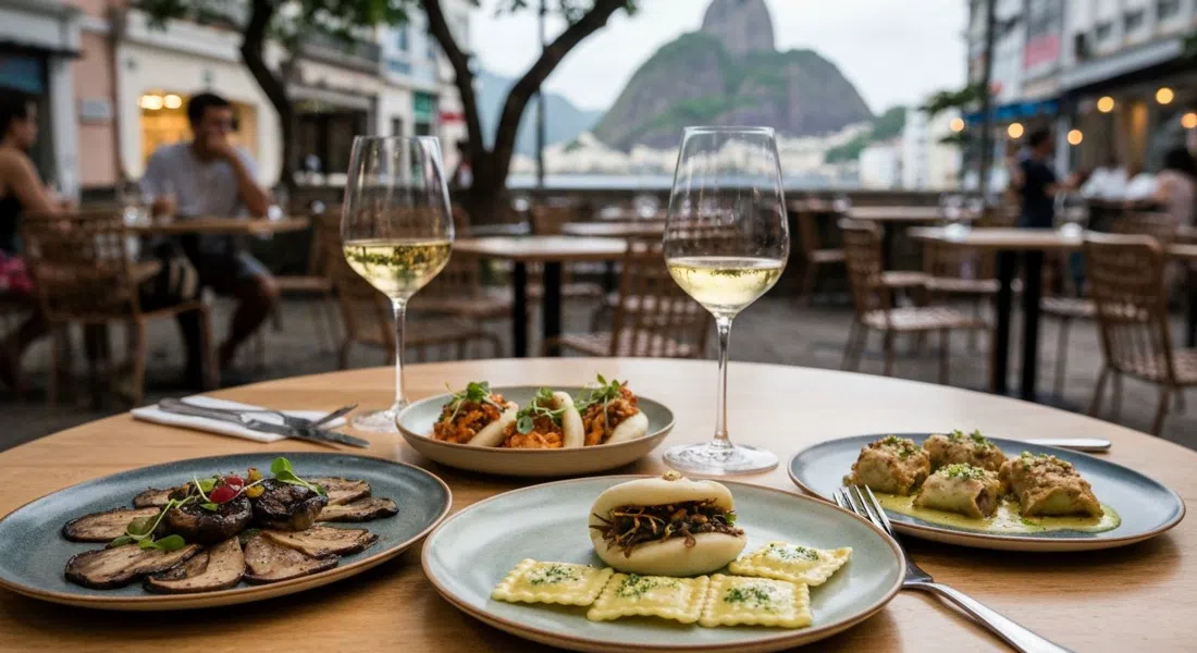 a shared spread at Teva with portobello carpaccio, hiratake bao and tofu-ricotta raviolone on a lively dinner table