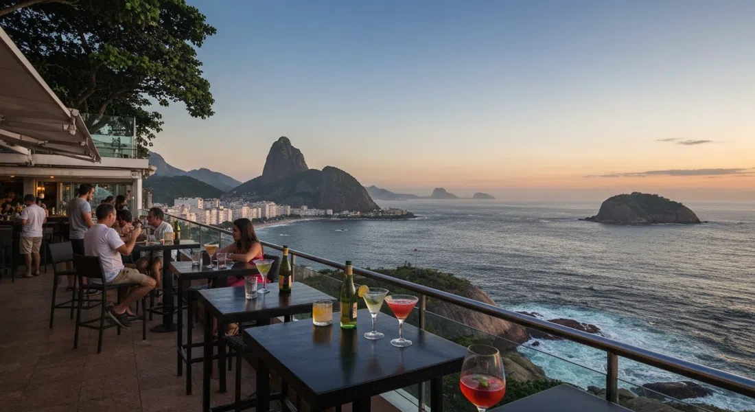 arp bar at Hotel Arpoador at sunset, cocktails on the terrace with the Arpoador rocks and glowing Atlantic horizon beyond
