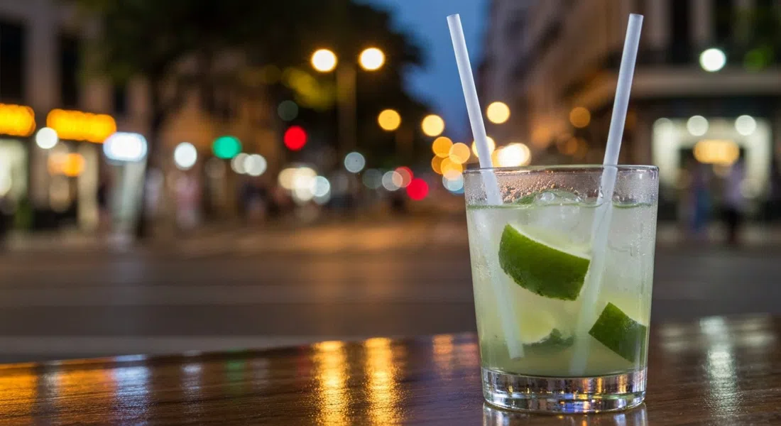a caipirinha made with small-batch cachaça at Bar da Cachaça on Avenida Mem de Sá, condensation on the glass and street lights reflecting in the background