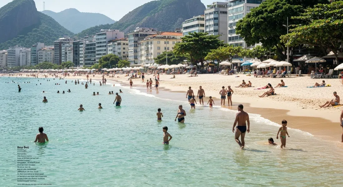 Baixo Bebê near Posto 12 on Praia do Leblon, shallow green water under soft shade with families and a toddler-friendly shoreline at midday