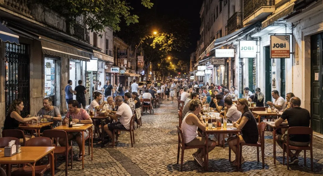 Jobi on Avenida Ataulfo de Paiva at night, packed pavement tables with cold chopp glasses, boteco plates and neighbours talking under streetlights