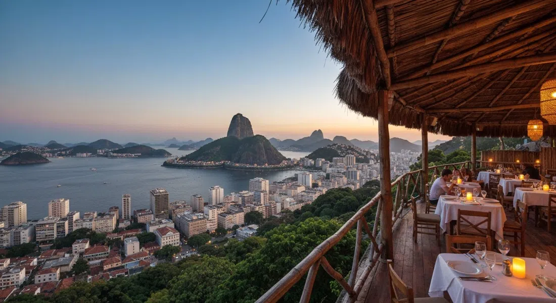 the hilltop terrace at Aprazível at sunset, with table candles, thatched roofing, and Centro and Guanabara Bay spread out below