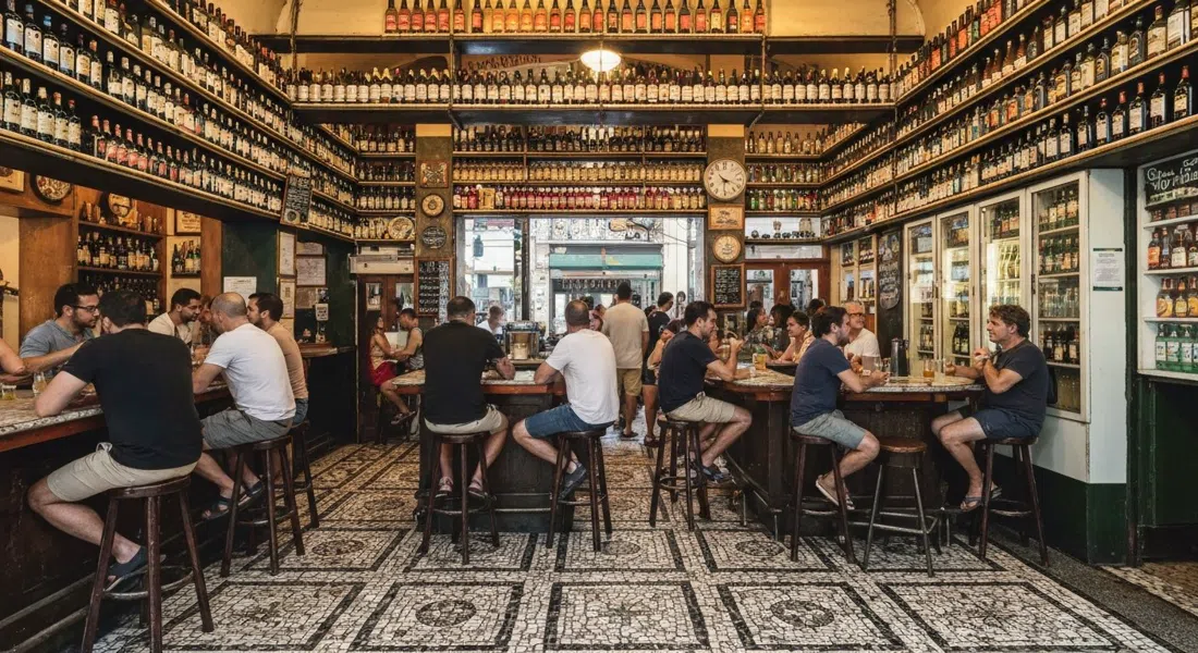 the mosaic-floored interior of Armazém São Thiago (Bar do Gomez), with stacked bottles to the ceiling and a busy weekend crowd over caipirinhas