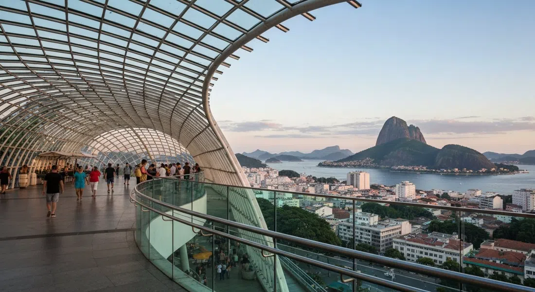 the roofless shell and glass walkways of Parque das Ruínas, with a wide terrace view over Centro and Guanabara Bay in late afternoon light