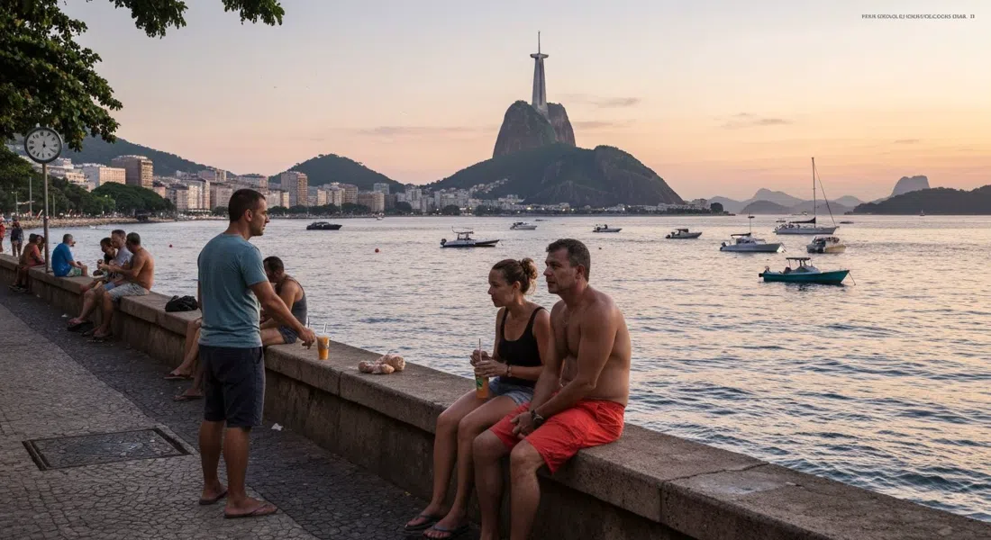 the Mureta da Urca at dusk on Rua Cândido Gaffrée, locals sitting on the seawall with chopp cups, boats on Guanabara Bay and Cristo Redentor across the water