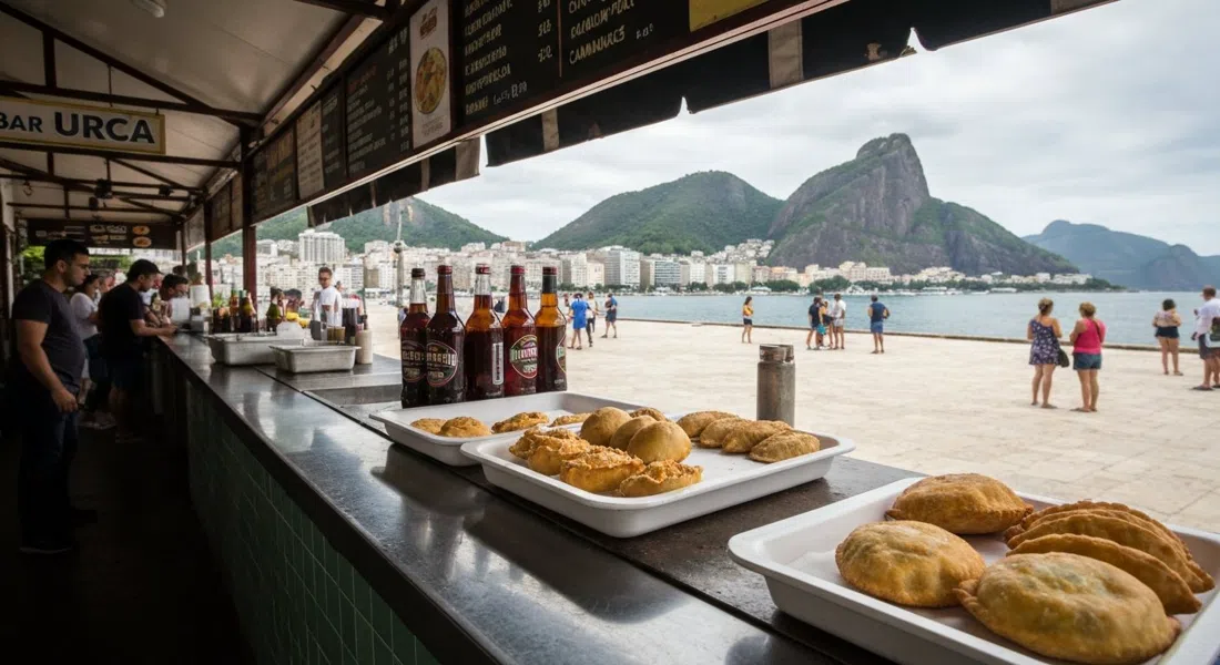 a counter at Bar Urca with chilled chopp, pastel de camarão and empada de camarão ready to carry across to the seawall
