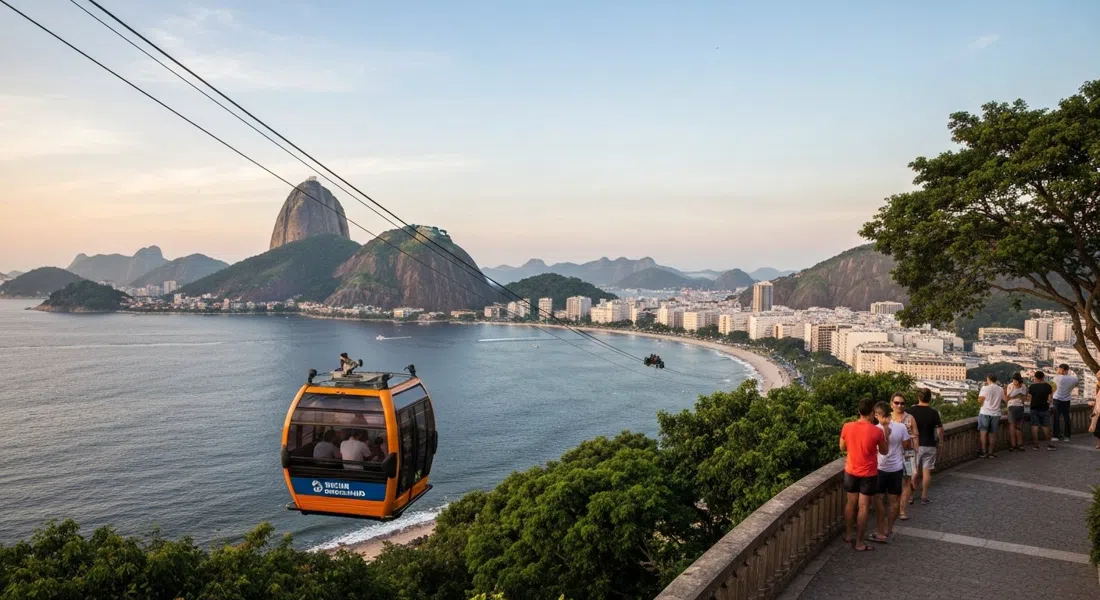 the Bondinho cable car leaving Praia Vermelha at late afternoon, with Guanabara Bay below and Sugarloaf’s granite slopes filling the frame