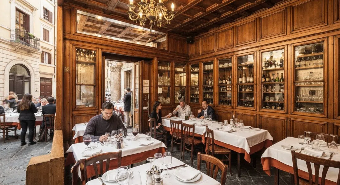 the compact wood-panelled dining room at Armando al Pantheon, closely set tables and Roman lunch service in warm afternoon light