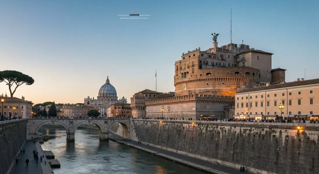 Castel Sant'Angelo seen from the Tiber side at late afternoon, its stone bulk and rooftop terrace catching the light with St Peter's dome in the distance