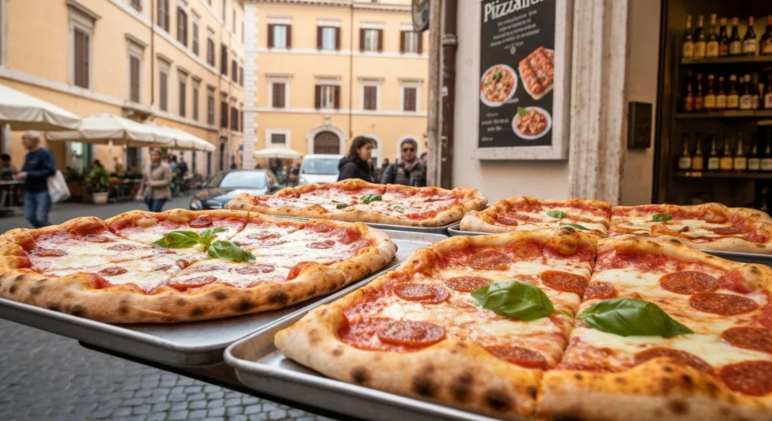 a tray of Bonci-style pizza al taglio at Pizzarium, thick seasonal slices cut by weight under the counter lights near Cipro metro