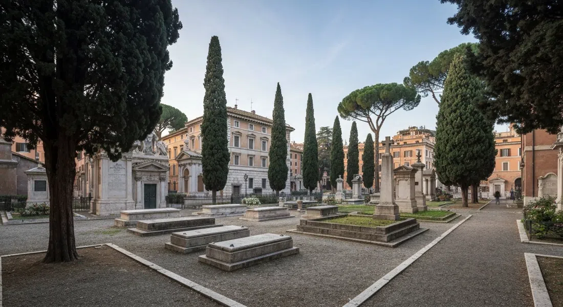 the Non-Catholic Cemetery in soft morning light, cypress trees, stone paths and Keats’s grave under a quiet Roman sky