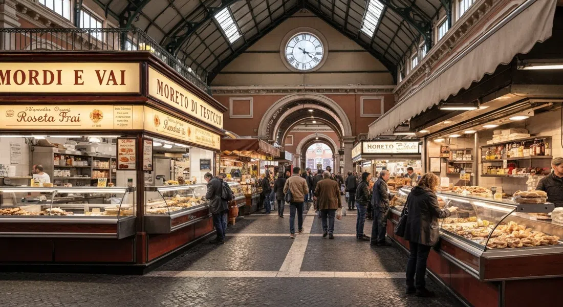 the Mercato di Testaccio hall at midday, with Mordi e Vai’s rosetta sandwiches, market counters and shoppers moving through the aisles