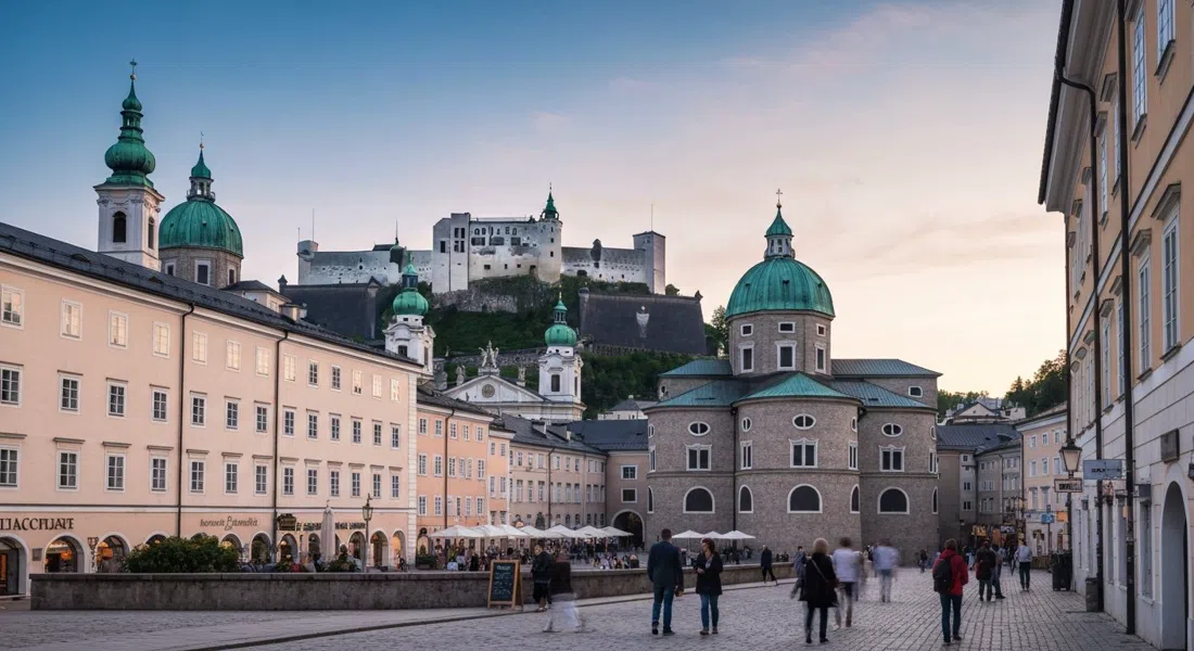 Hohensalzburg Fortress above Salzburg’s Old Town at late afternoon, its white walls rising over the baroque domes and red roofs