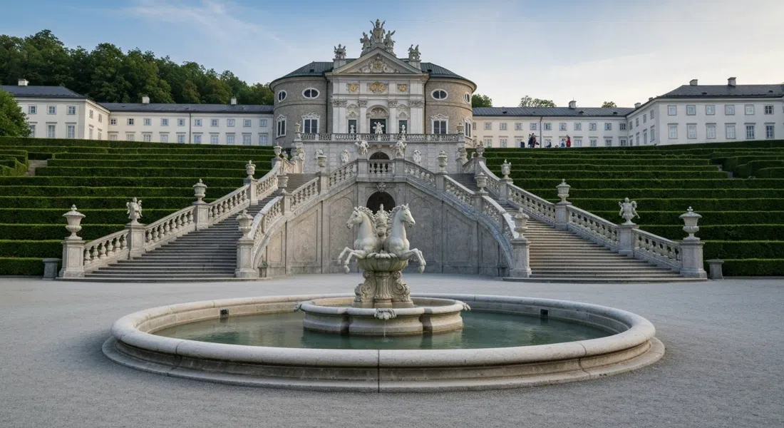 Mirabell Palace and Gardens in Salzburg at early morning light, the grand staircase, Pegasus fountain and manicured parterres empty before the tour groups arrive
