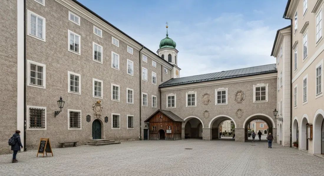 the Mozart Residence on Makartplatz in Salzburg, a sober historic façade with courtyard details and the small wooden Magic Flute House tucked inside