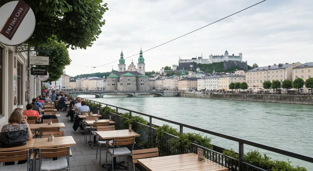 Café Bazar’s riverside terrace on Schwarzstraße in Salzburg, café tables facing the Salzach, Old Town and fortress beyond in soft afternoon light