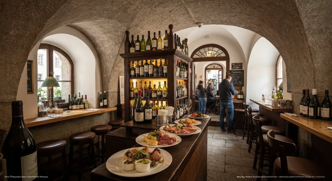 Bar Fridrich on Steingasse in Salzburg, a barrel-vaulted wine bar interior with warm light, bottles, charcuterie plates and an art-deco atmosphere