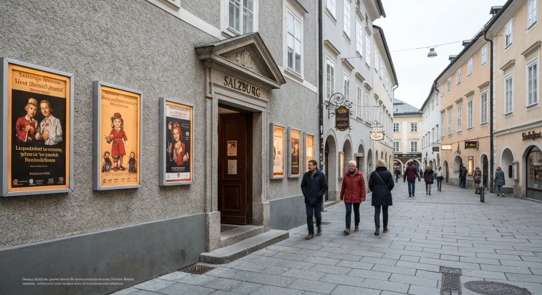 the Salzburg Marionette Theatre on Schwarzstraße, a small elegant theatre frontage with puppet-show posters and evening light on the pavement