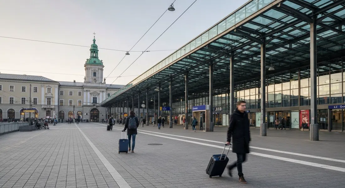 Salzburg Hauptbahnhof seen from the forecourt at daybreak, glass roof, platform edges and commuters with rolling suitcases