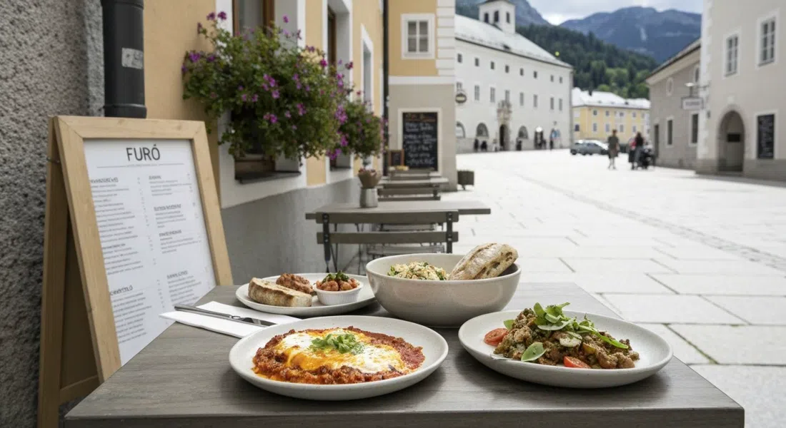 a small table at Furō on Elisabethstraße 5a with shakshuka, mezze and housemade sourdough on simple ceramics