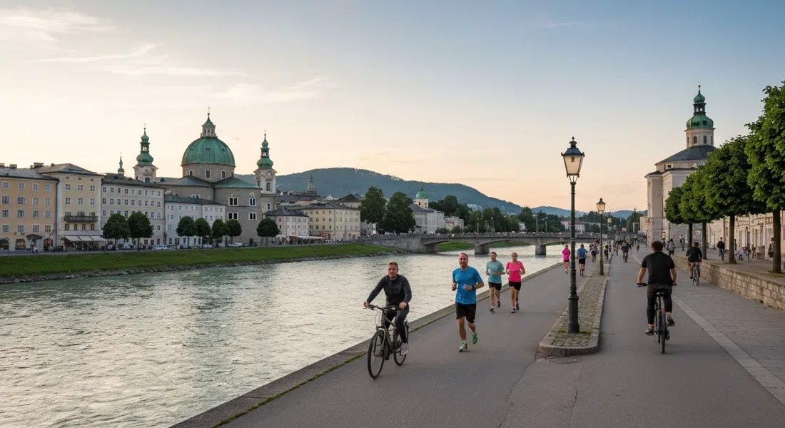 the Salzachufer along Elisabethkai at golden hour, joggers and cyclists with the Old Town skyline across the river